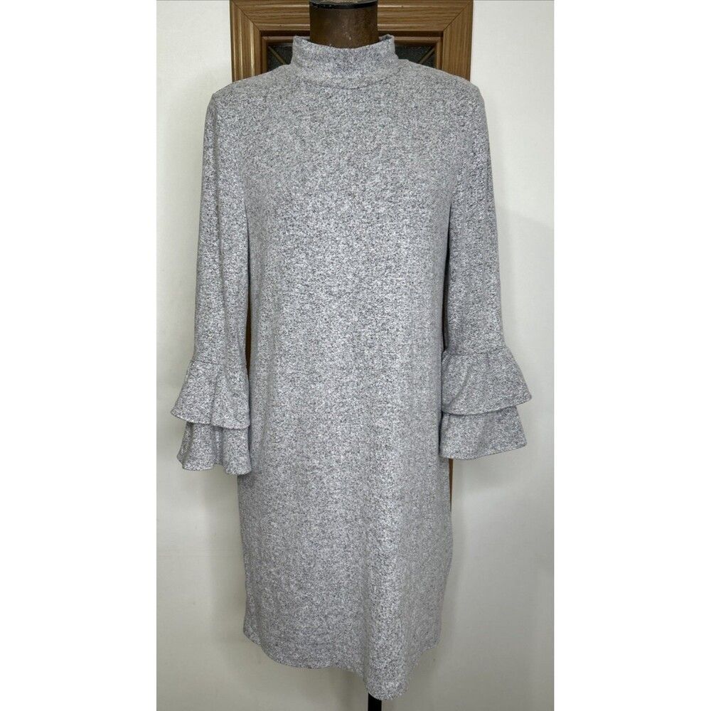 Sweater Knit Dress Women’s Medium Gray Tiered Ruffle Bell Sleeve